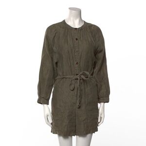 Alex Mill 100% Linen Button Up Crew Neck Romper Size XS Olive Green Belted